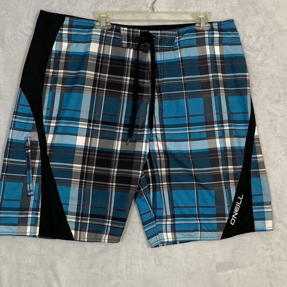 O’Neill Board Shorts Men’s 40 Blue Plaid Unlined Surf Swim Beach Swimsuit
